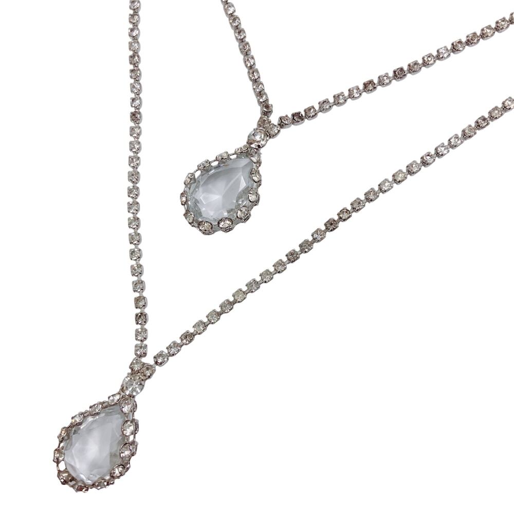 Vintage 50s Layered Necklace, Glass Teardrop Pendants, Prong-Set Rhinestones